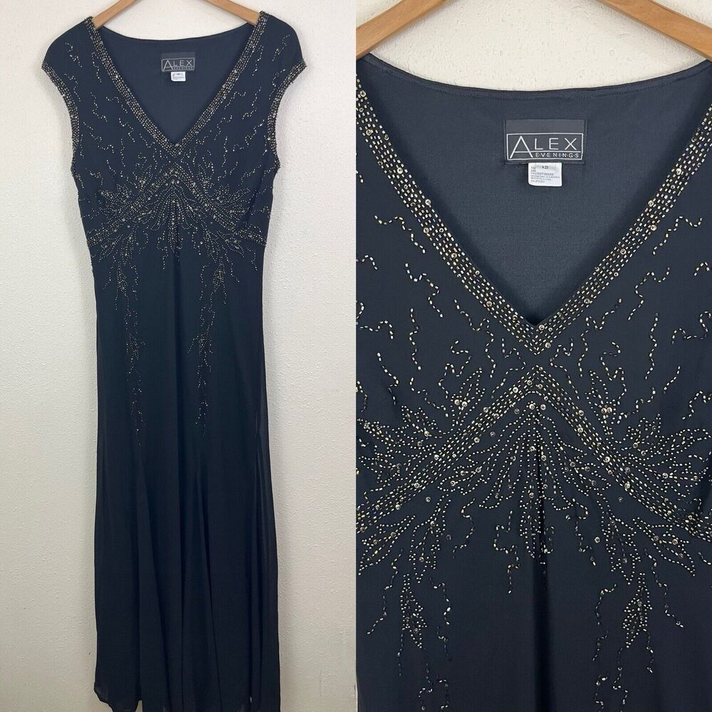 Alex Evenings Beaded Maxi Dress Womens Size 12 Black